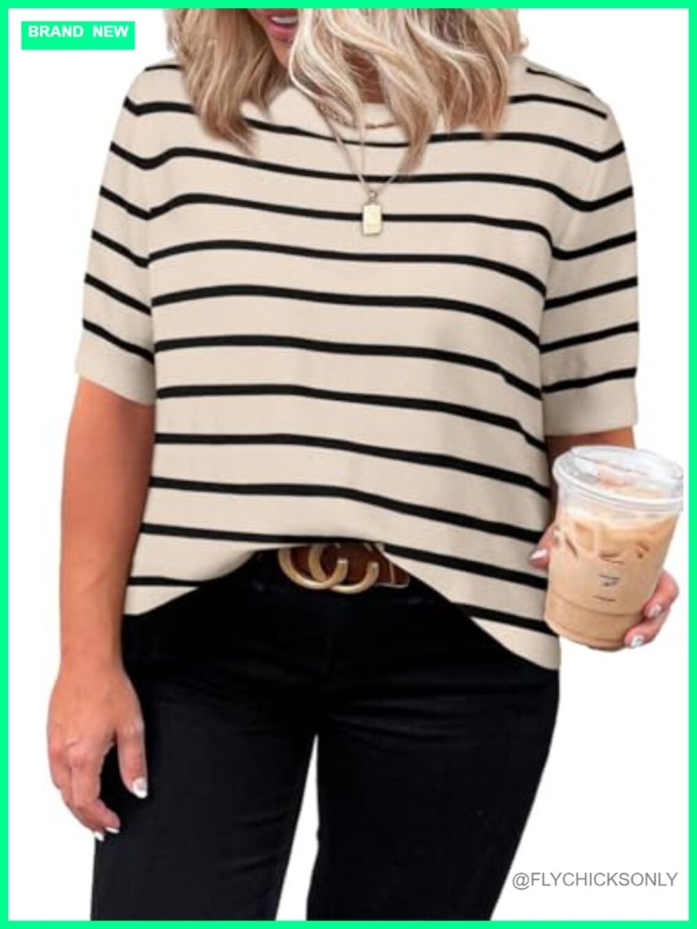 Plus Size Striped Short Sleeve Crewneck Knit Sweater Top Casual Summer